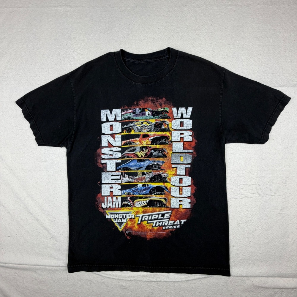 Monster Jam Triple Threat Series World Tour Graphic T-Shirt Black Mens Large